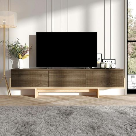 Meuble TV design 3 portes striées effet bois foncé cadre clair MARFA (1/5)