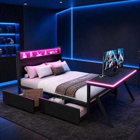 Letto gaming 140x200 cm in metallo/MDF nero con LED, scrivania e 2 cassetti, OKWISH (1/5)