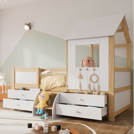 MEUBLIV Letto bambino 90x200 cm bianco e naturale – 4 cassetti, piccola scaletta, senza materasso (1/5)
