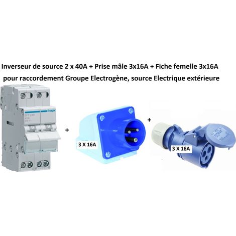 Hager – Inverseur de source monophasé 40A – 2 pôles – Prise mâle 3x16A – Fiche femelle 3x16A – IP44 pour intérieur/extérieur