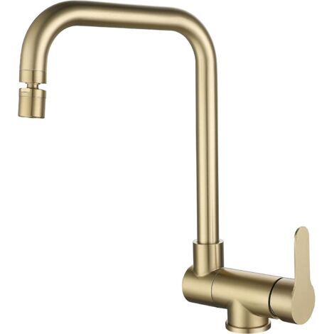 Mitigeur de cuisine rabattable en acier inoxydable brossé – Hauteur 70mm – Finition dorée – Installation monotrou – Économie d'eau jusqu'à 30% (1/5)