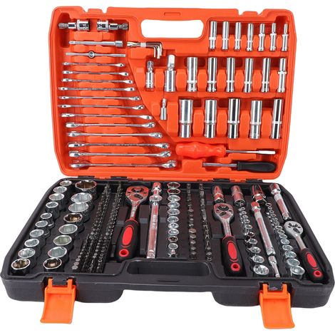 Coffret de 216 clés à douille (entraînements 1/2", 1/4" et 3/8") avec cliquet pour l'entretien mécanique automobile et l'assemblage industriel. Boîte bicolore avec poignée rouge. (1/5)