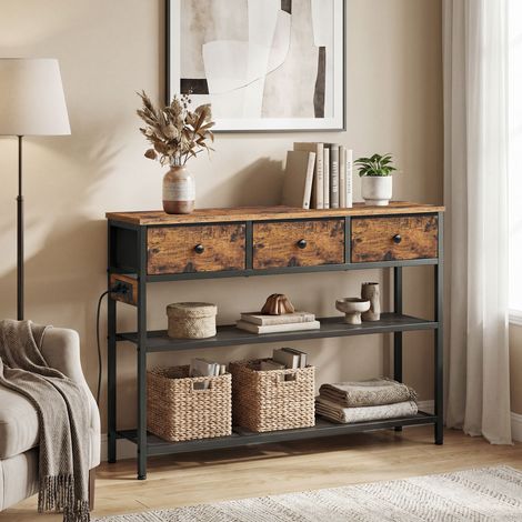 Table Console, avec Éclairage LED, 3 Tiroirs en Tissu, Multiprise Intégrée, Salon, Entrée, Marron