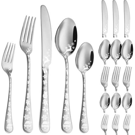 Besteckset im Weihnachtsstil, 20-teiliges Besteckset aus Edelstahl, Küchenutensilienset für 4 Personen, Geschirrbesteckset für Zuhause und Restaurant, spülmaschinenfest, Silber (1/5)