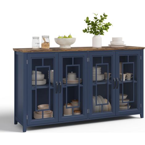 Buffet de Cuisine avec 2 Espaces de Rangement et Portes Vitrées, Plan Aspect Bois, MDF, 160 x 40 x 86 cm, Bleu (1/5)