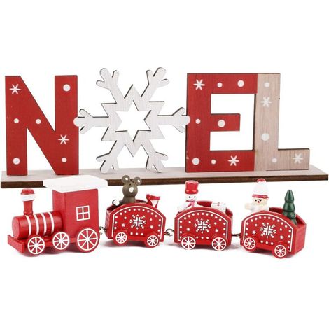 Train de Noël en Bois Lettre en Bois Ornement Bois Decoration Noël Table de Noël Boule de Noël Lettre Noël Cadeau Jouets Fenêtres Vitre Décoration (Rouge + Noel) (1/5)