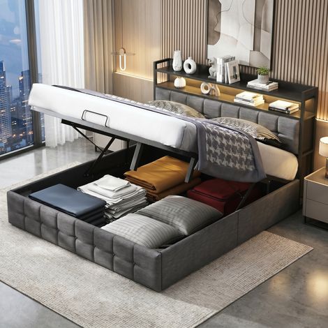Lit coffre 160x200 cm - avec éclairage led，prises usb/type-c, sommier à lattes，rangement à vérins hydrauliques - style moderne - gris (1/5)