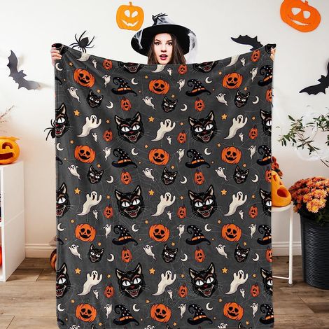 Couverture d'Halloween - Couverture chauve-souris fantôme citrouille - Décoration d'Halloween douillette pour canapé, lit ou salon 127 x 152 cm Style 3 (1/4)
