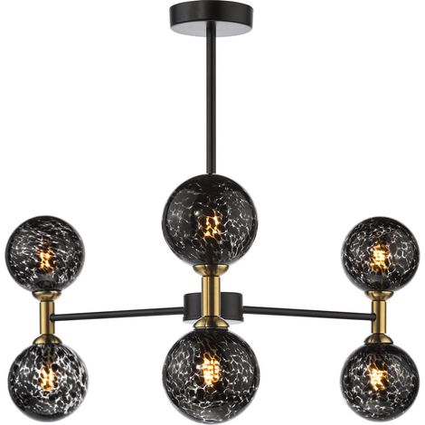 Dar Takara Plafonnier semi-encastré Takara 6 lumières, noir mat et bronze, avec verre à confettis noirs (1/5)
