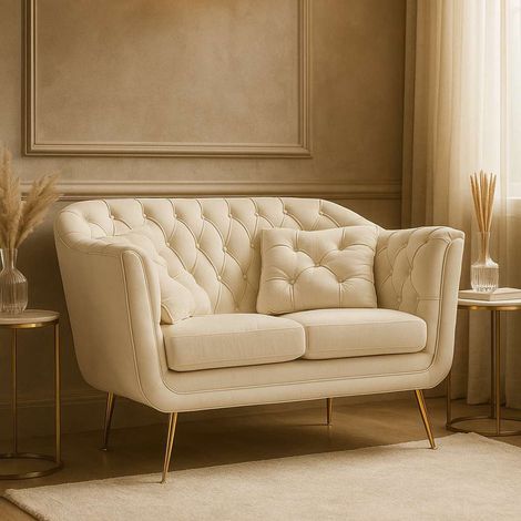 Fester 2-Sitzer Sofa Diskit, Velours-Effekt, Kissen inbegriffen, Armlehnen, 130x83x91h cm Cremeweiß (1/5)