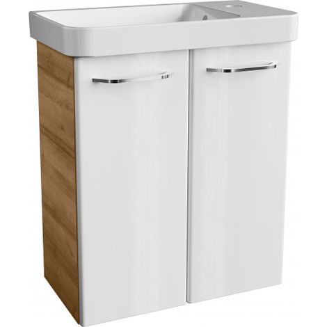 FACKELMANN MILANO Gäste WC Set 2 Teile / Waschbecken / Waschbeckenunterschrank mit 2 Türen / Badschrank mit Soft-Close / Badmöbel Set fürs kleine Bad / Korpus: Braun hell / Front: Weiß / Breite: 55 cm (1/5)