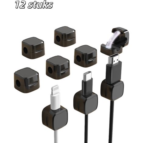Lot de 12 clips réglables pour organiser et maintenir les câbles à la maison au bureau dans la voiture et sur murs tables et tables de chevet couleur noire (1/5)
