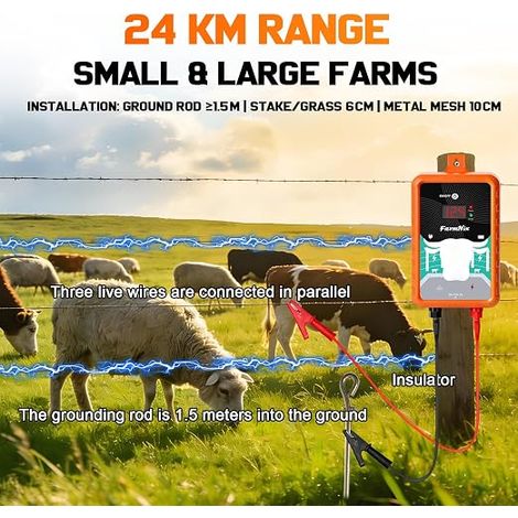 Clôture électrique, 12KV 4 Joules, 24KM Animaux Électrificateur de clôture électrique, Vache, Cheval, Mouton, Chèvre, Sanglier (1/3)