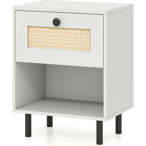 Comodino boho con cassetto in rattan, 40x30x52 cm, bianco