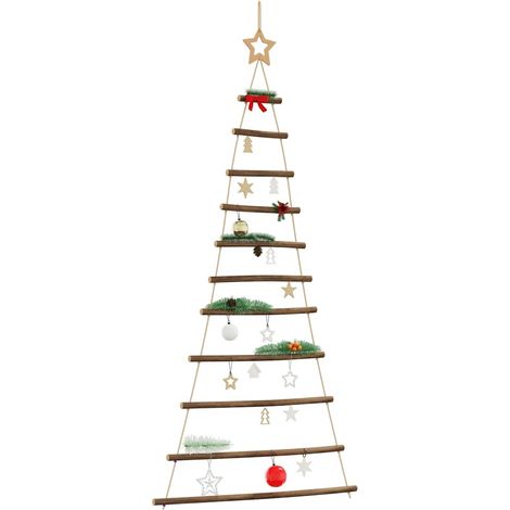 Sapin de Noël suspendu mural en branches de bois naturel avec étoile 74 x 150 cm - PANGIVO (1/5)