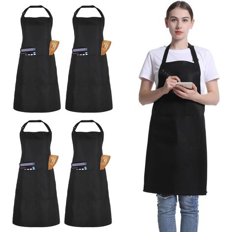 4 Paquets de Tablier de chef tabliers ajustables unisexes avec 2 poches, tabliers personnalisés pour hommes et femmes, tablier pour la cuisine, le jardinage, la cuisine, le restaurant, le café (Noir) (1/5)