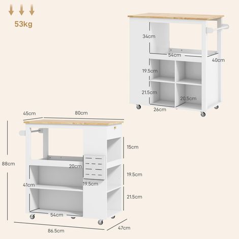 Îlot de cuisine avec étagères réglables, porte-couteaux et plateau en bois, 86,5 x 47 x 88 cm, blanc (1/5)