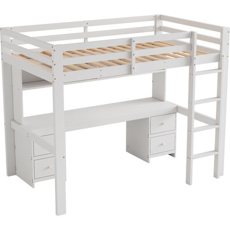 Hochbett Einzelbett mit Schreibtisch, 4 Schubladen und 4 Regalen, 90×200 cm, ohne Matratze, Weiß (1/5)