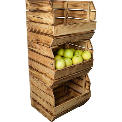 3er Set Küchenregal Olaf 40x33x30 cm in geflammt Gemüsekiste Obsthorde Gemüsekorb Obstschale Holzkiste Obstkiste (1/5)