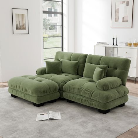 Cloud Ecksofa für Wohnzimmer, Chenille Doppelsofa mit 2 Lendenkissen und 2 Dekokissen, Polstersofa mit breiten Armlehnen und Ottoman,Chenille Grünes
WL