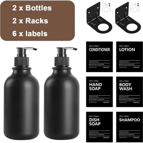 (Ensemble noir mat) Distributeur de savon 2 pièces 500 ml avec étiquettes, porte-shampoing rechargeable, support mural pour bouteille, crochet, accessoires de salle de bain (1/5)