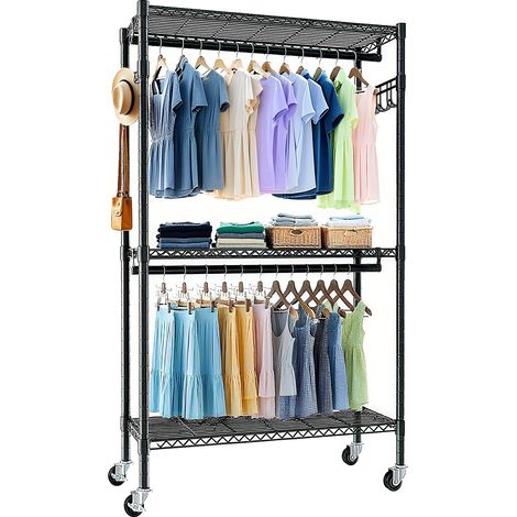 Porte-manteaux roulants, porte-manteaux robustes avec rouleaux, étagère en fil réglable de 3 étages avec 2 barres de vêtements et crochets latéraux (1/5)