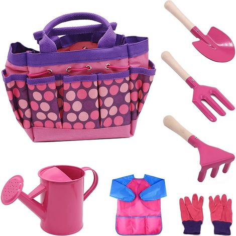 Ensemble d'outils de jardin pour enfants, ensemble d'outils de jardin pour enfants, arrosoir, gants, truelle, pelle, râteau, sac de jardin et robe pour enfants (rose)