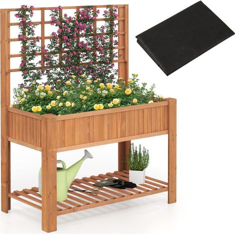 Letto da giardino rialzato con traliccio, Fioriera alta in legno con mensola di stoccaggio e fori di drenaggio Marrone (1/3)