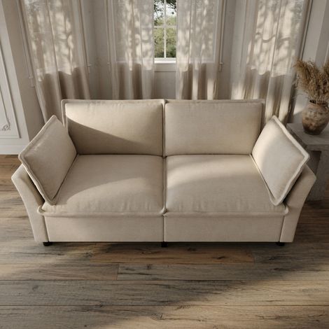 Canapé deux places, rembourrage épais et moelleux, livré avec 2 coussins d'accoudoirs, tissu chenille, montage facile, beige (1/5)