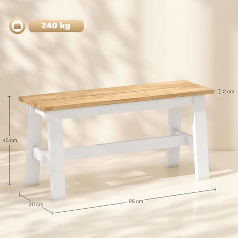 Banc 2 places, banc en bois aspect chêne, barre transversale de stabilisation, pour salon, salle à manger, couloir, bois d'hévéa, blanc (1/5)