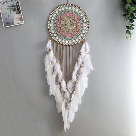 Acchiappasogni rotondo,colorato e intrecciato,con nappe di piume. Un acchiappasogni perfetto per decorare la casa e la camera da letto (1/3)