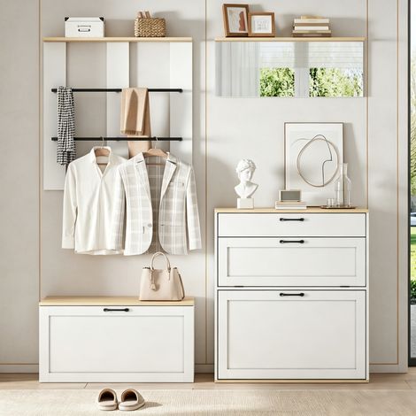 Armario de entrada modular con zapatero, espejo y perchero, blanco y madera DESVIAE (1/5)