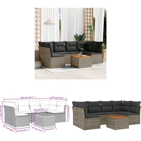7-tlg. Garten-Sofagarnitur mit Kissen Grau Poly Rattan - Gartensortiment - Outdoor Möbel - Lounge Set - Gartenlounge - Rattan Sessel - Home & Living (1/3)