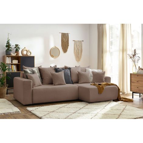 BOBOCHIC - Canapé d'angle réversible convertible coffre ENVY tissu bouclette doux Marron (1/5)