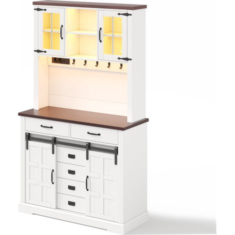 Buffet de cuisine avec prise et LED RGB, plan de travail, 6 tiroirs, MDF blanc (1/5)
