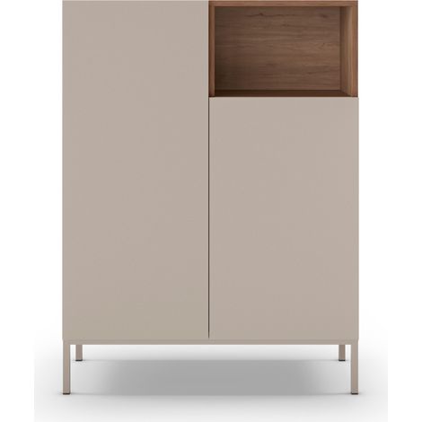 Drawer – Buffet 2 portes en bois mélaminé et placage chêne H90cm – Dimensions 120x42cm – Style contemporain – 6 niches de rangement (1/5)