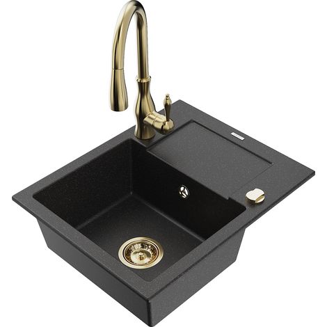 Mexen Enzo 1 Becken-Granitspüle mit Abtropffläche und Mischbatterie Savita, Schwarz/Silbermetallic - (1/5)