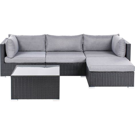 Conjunto de jardín 4 plazas con mesa de centro cuadrada cojines grisese de ratán negro izquierdo Sano (1/5)