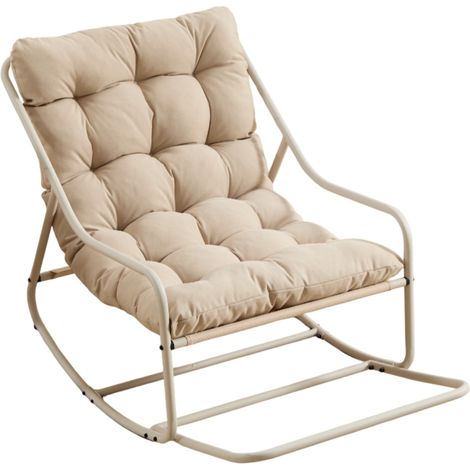 Poltrona a dondolo da esterno con cuscino spesso beige, struttura in acciaio verniciato a polvere (1/5)