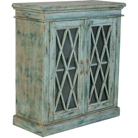 buffet bas artisanal en bois bleu avec portes vitrées - bleu patiné effet vieilli bois naturel (1/5)