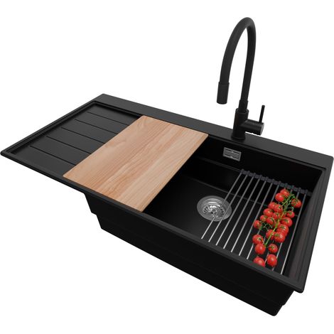 PRIMAGRAN Evier Cuisine en Granit 90x50cm,Lavabo 1 bac + Robinet 40x38cm + Kit de Vidage + Accessoires, Évier à Encastrer au meuble 60cm - Sydney, Noir (1/5)