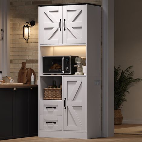 Küchenschrank,HochschrankmitLED-BeleuchtungundSteckdosen,Vorratsschrankmit3Scheunentürenund2SchubladenfürWohnzimmerundEsszimmer,72×40×173cm (1/5)