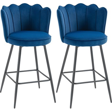HOMCOM Set of 2 Barstools with Petal Backrest for Kitchen Island Dark Blue (1/5)