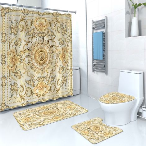 Bedrucktes Duschvorhang-Set, vierteilig, schlichter, wasserdichter Duschvorhang aus Polyester