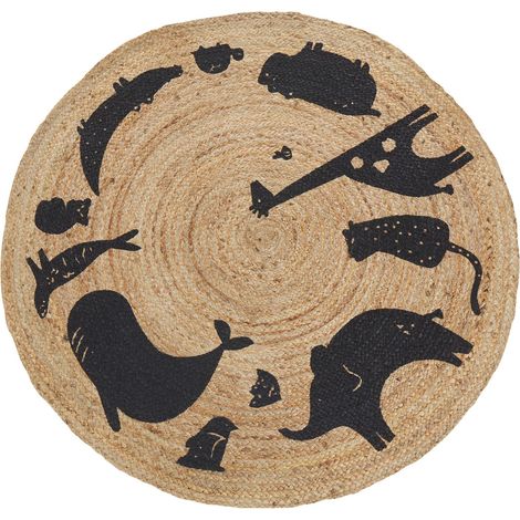 Tappeto di juta rotondo ø 120 cm per bambini con motivo decorativo di animali Beige Earth
