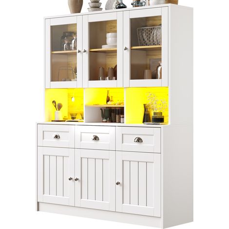 Buffet de cuisine haut 140 x 40 x 175 cm en MDF blanc avec portes acryliques, 3 tiroirs, 6 placards, étagères réglables et éclairage LED multicolore par application – CHICFURN (1/5)