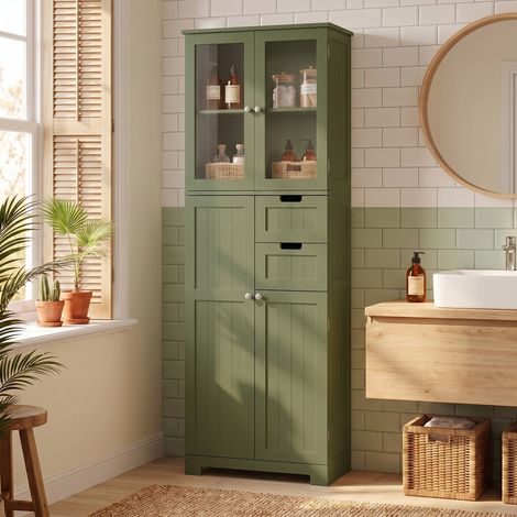 Meuble haut de rangement avec portes vitrées et étagères réglables, pour salle de bain, cuisine et salon, couleur vert