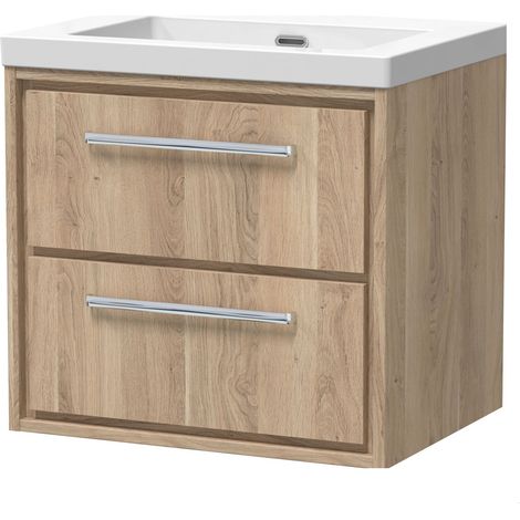 Longnor 2 Drawer Wall Hung Vanity Unit with 1 Tap Hole Modern Fireclay Basin, Light Oak, 600mm