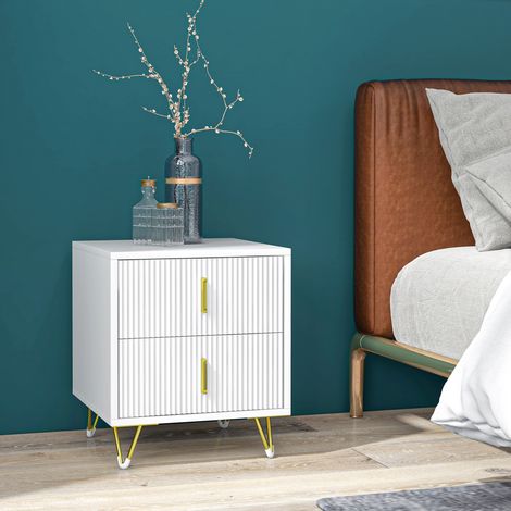 Comodino con 2 cassetti, tavolino da notte, tavolino laterale con gambe in metallo per camera da letto, 40x40x47 cm, bianco (1/5)