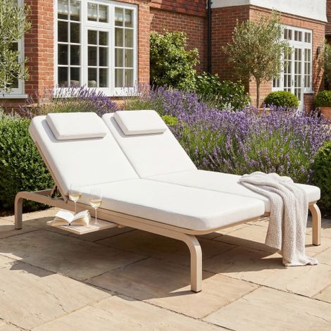 Gartenmöbel für 2 Personen, Gartenliege,Sonnenliege,Outdoor-Liegebett, verstellbare Rückenlehne (5-stufig),Mit Ausziehtisch,Mit Kopfstütze, Beige